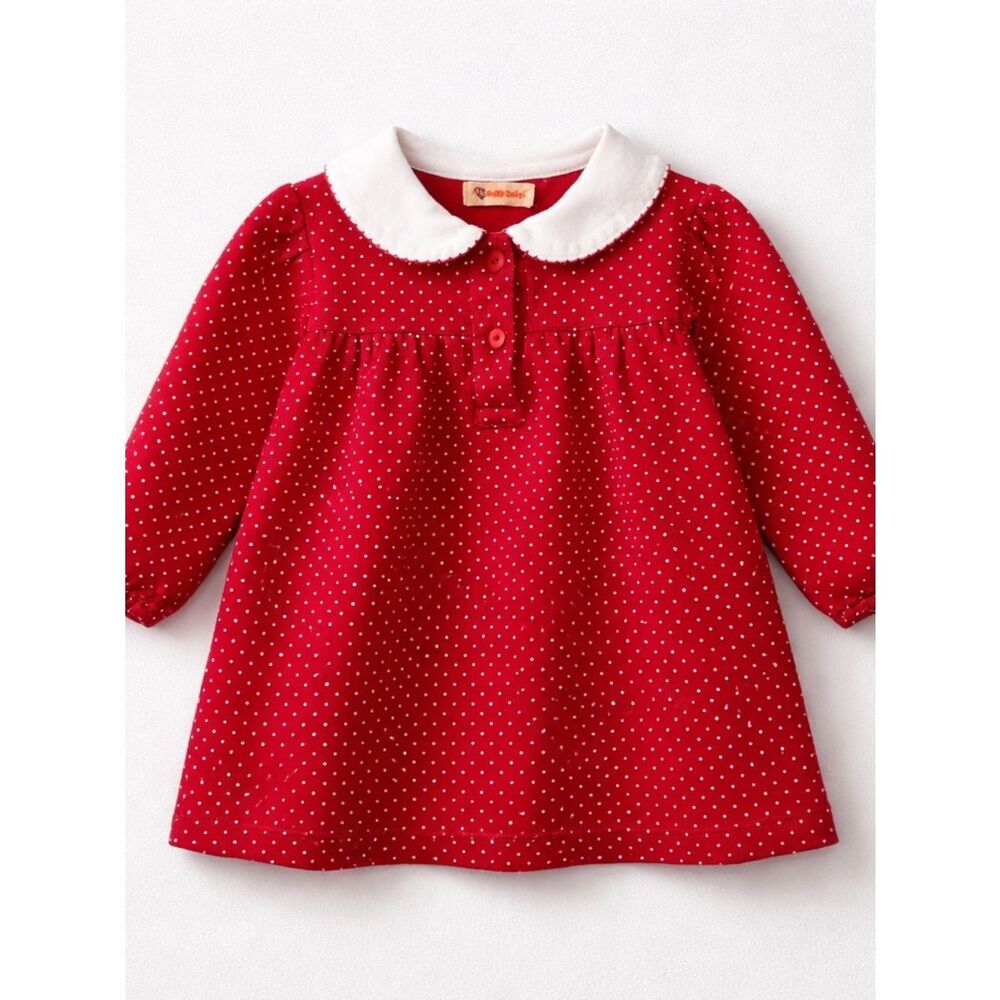 Baby Luigi Red with Swiss dot cotton jersey knit long sleeve  dress 18 months